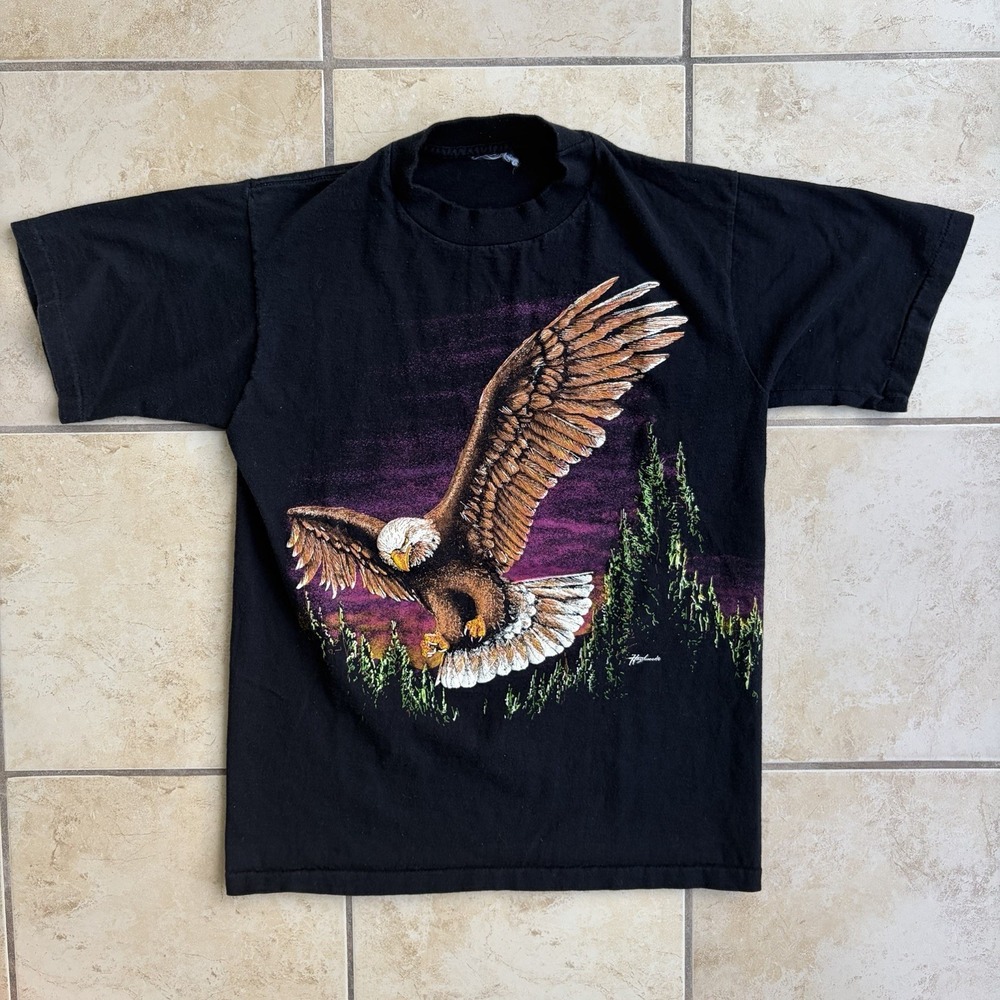Vintage Animal T Shirt Adult Small Black Eagle All Over Print Single Stitch 90s